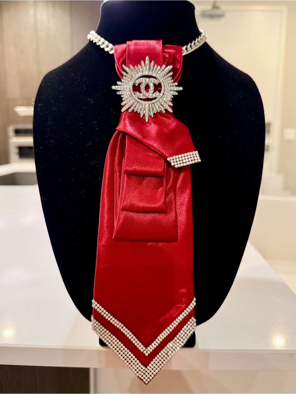 Red Satin TIE NECKLACE with Crystal Brooch - Women Jewelry Statement